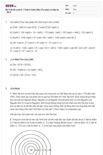Bộ 5 đề thi cuối kì 1 Toán 6 Cánh diều (Tự luận) có đáp án - Đề 5