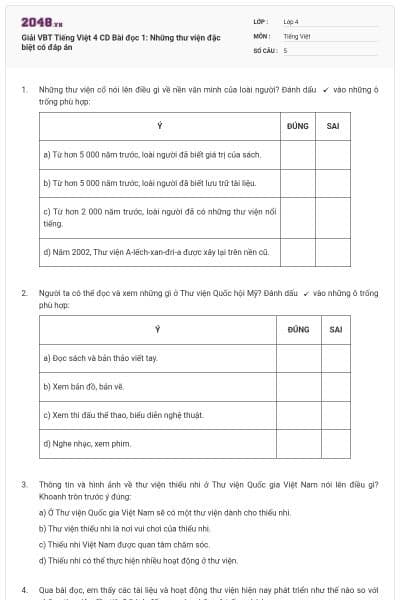 Giải VBT Tiếng Việt 4 CD Bài đọc 1: Những thư viện đặc biệt có đáp án