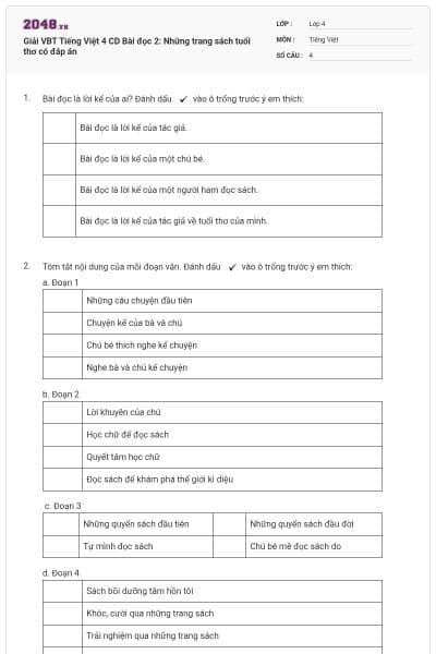 Giải VBT Tiếng Việt 4 CD Bài đọc 2: Những trang sách tuổi thơ có đáp án