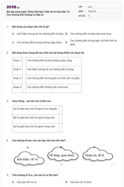 Bài tập hàng ngày Tiếng Việt lớp 3 Kết nối tri thức Bài 10: Con đường đến trường có đáp án