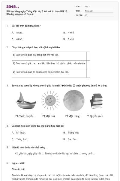 Bài tập hàng ngày Tiếng Việt lớp 3 Kết nối tri thức Bài 13: Bàn tay cô giáo có đáp án