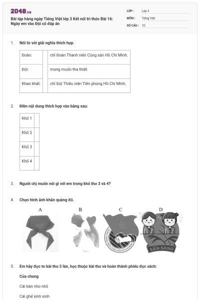 Bài tập hàng ngày Tiếng Việt lớp 3 Kết nối tri thức Bài 16: Ngày em vào Đội có đáp án