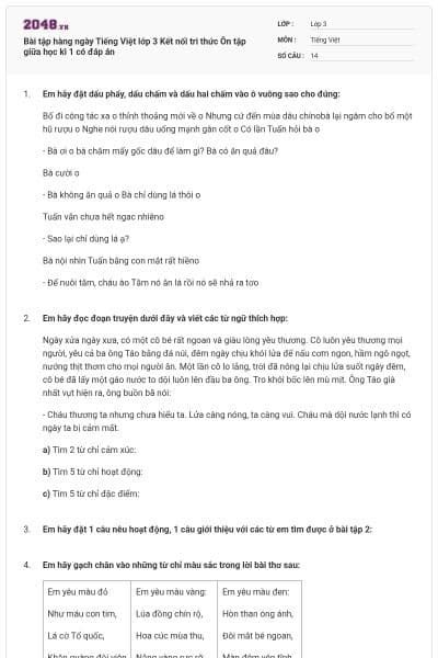 Bài tập hàng ngày Tiếng Việt lớp 3 Kết nối tri thức Ôn tập giữa học kì 1 có đáp án