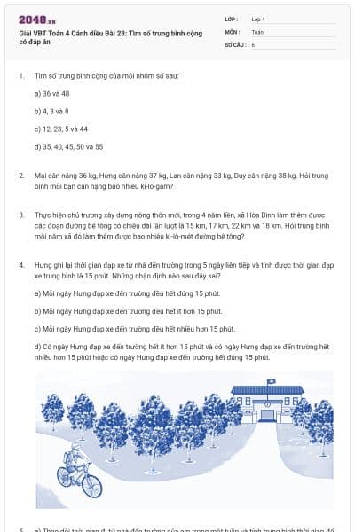 Giải VBT Toán 4 Cánh diều Bài 28: Tìm số trung bình cộng có đáp án