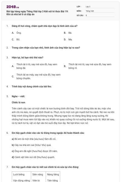 Bài tập hàng ngày Tiếng Việt lớp 3 Kết nối tri thức Bài 19: Khi cả nhà bé tí có đáp án