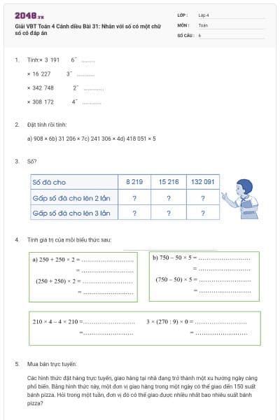 Giải VBT Toán 4 Cánh diều Bài 31: Nhân với số có một chữ số có đáp án