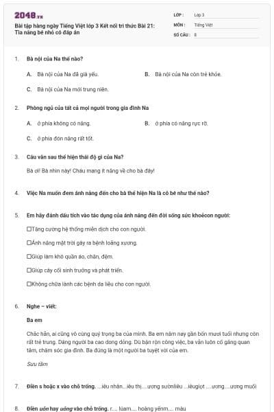 Bài tập hàng ngày Tiếng Việt lớp 3 Kết nối tri thức Bài 21: Tia nắng bé nhỏ có đáp án