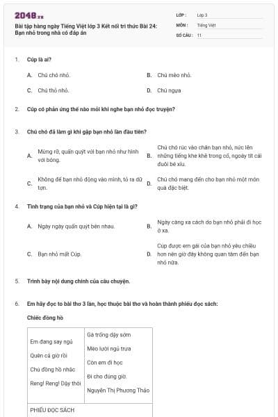 Bài tập hàng ngày Tiếng Việt lớp 3 Kết nối tri thức Bài 24: Bạn nhỏ trong nhà có đáp án