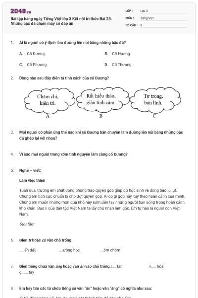 Bài tập hàng ngày Tiếng Việt lớp 3 Kết nối tri thức Bài 25: Những bậc đá chạm mây có đáp án