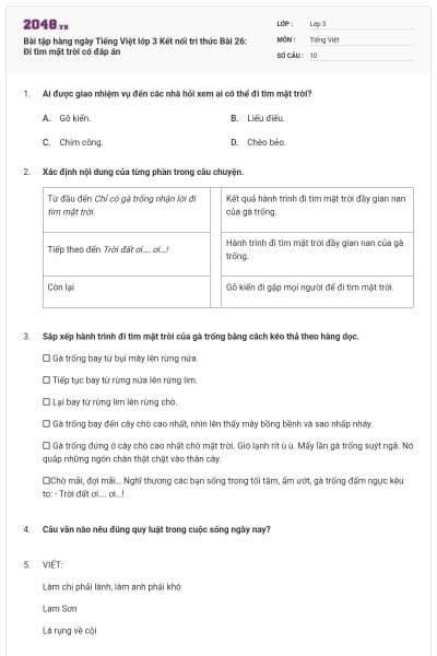 Bài tập hàng ngày Tiếng Việt lớp 3 Kết nối tri thức Bài 26: Đi tìm mặt trời có đáp án