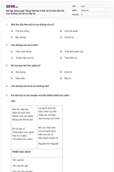 Bài tập hàng ngày Tiếng Việt lớp 3 Kết nối tri thức Bài 28: Con đường của bé có đáp án