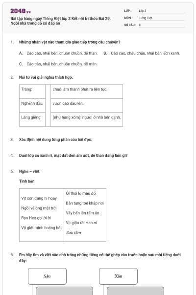 Bài tập hàng ngày Tiếng Việt lớp 3 Kết nối tri thức Bài 29: Ngôi nhà trong cỏ có đáp án