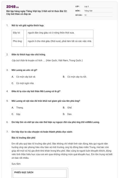 Bài tập hàng ngày Tiếng Việt lớp 3 Kết nối tri thức Bài 32: Cây bút thần có đáp án