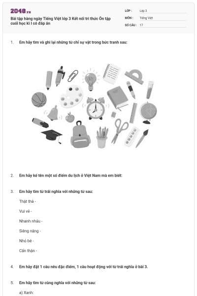 Bài tập hàng ngày Tiếng Việt lớp 3 Kết nối tri thức Ôn tập cuối học kì I có đáp án