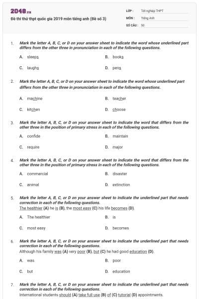 Đề thi thử thpt quốc gia 2019 môn tiếng anh (Đề số 3)