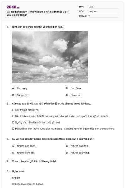 Bài tập hàng ngày Tiếng Việt lớp 3 Kết nối tri thức Bài 1: Bầu trời có đáp án