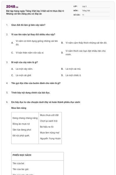 Bài tập hàng ngày Tiếng Việt lớp 3 Kết nối tri thức Bài 4: Những cái tên đáng yêu có đáp án