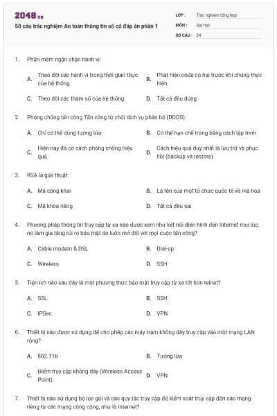 50 câu trắc nghiệm An toàn thông tin số có đáp án phần 1