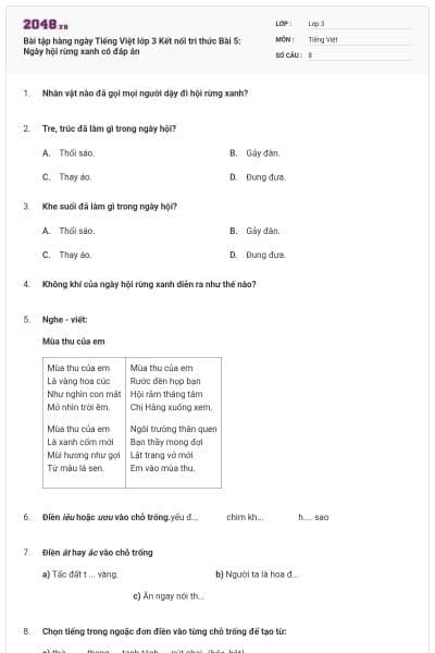 Bài tập hàng ngày Tiếng Việt lớp 3 Kết nối tri thức Bài 5: Ngày hội rừng xanh có đáp án