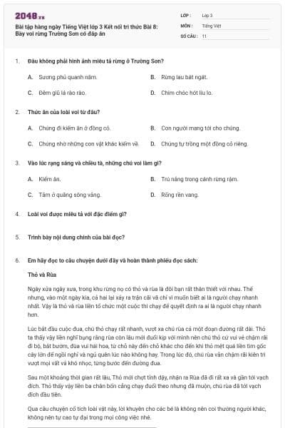 Bài tập hàng ngày Tiếng Việt lớp 3 Kết nối tri thức Bài 8: Bầy voi rừng Trường Sơn có đáp án