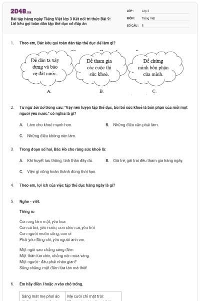 Bài tập hàng ngày Tiếng Việt lớp 3 Kết nối tri thức Bài 9: Lời kêu gọi toàn dân tập thể dục có đáp án