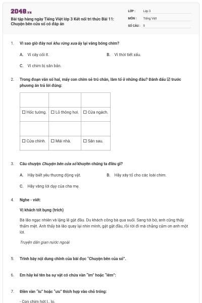 Bài tập hàng ngày Tiếng Việt lớp 3 Kết nối tri thức Bài 11: Chuyện bên cửa sổ có đáp án