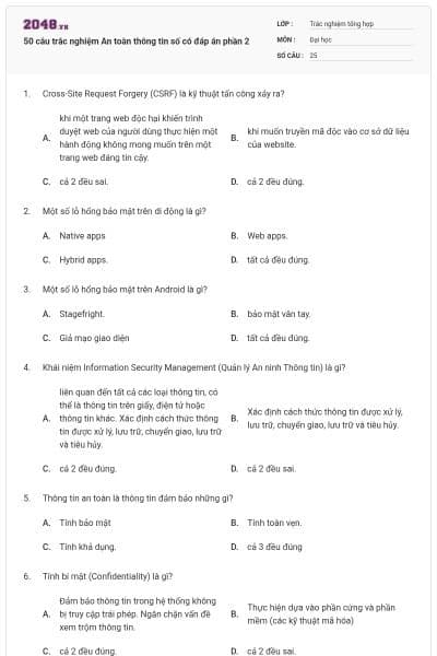 50 câu trắc nghiệm An toàn thông tin số có đáp án phần 2