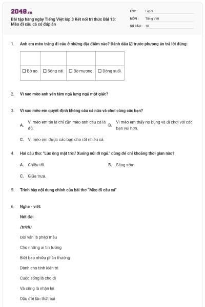 Bài tập hàng ngày Tiếng Việt lớp 3 Kết nối tri thức Bài 13: Mèo đi câu cá có đáp án