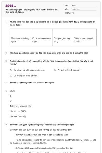 Bài tập hàng ngày Tiếng Việt lớp 3 Kết nối tri thức Bài 14: Học nghề có đáp án