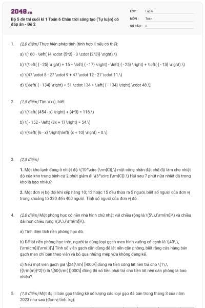 Bộ 5 đề thi cuối kì 1 Toán 6 Chân trời sáng tạo (Tự luận) có đáp án - Đề 2