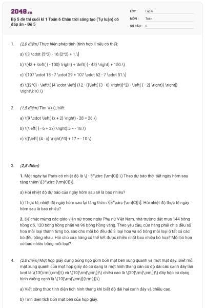 Bộ 5 đề thi cuối kì 1 Toán 6 Chân trời sáng tạo (Tự luận) có đáp án - Đề 5