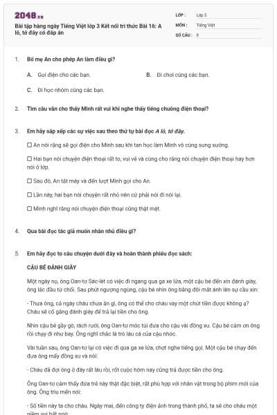 Bài tập hàng ngày Tiếng Việt lớp 3 Kết nối tri thức Bài 16: A lô, tớ đây có đáp án