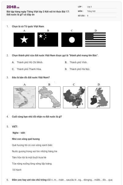 Bài tập hàng ngày Tiếng Việt lớp 3 Kết nối tri thức Bài 17: Đất nước là gì? có đáp án