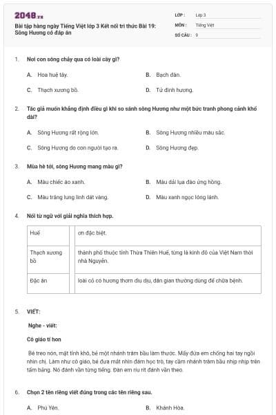 Bài tập hàng ngày Tiếng Việt lớp 3 Kết nối tri thức Bài 19: Sông Hương có đáp án