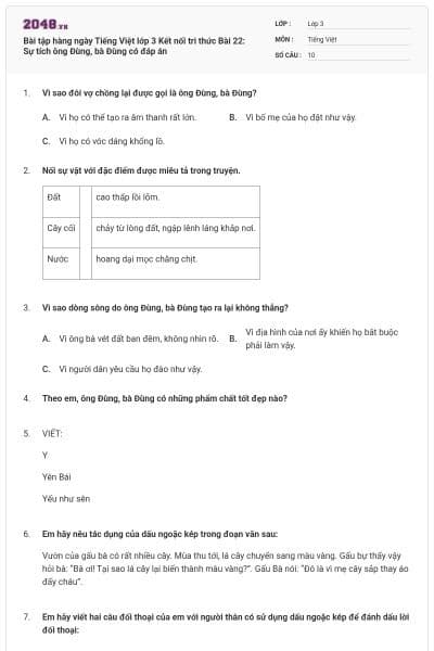 Bài tập hàng ngày Tiếng Việt lớp 3 Kết nối tri thức Bài 22: Sự tích ông Đùng, bà Đùng có đáp án