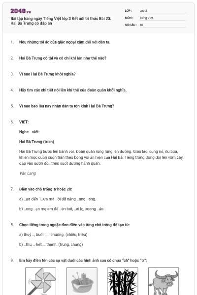 Bài tập hàng ngày Tiếng Việt lớp 3 Kết nối tri thức Bài 23: Hai Bà Trưng có đáp án