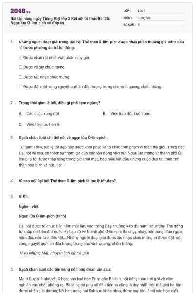 Bài tập hàng ngày Tiếng Việt lớp 3 Kết nối tri thức Bài 25: Ngọn lửa Ô-lim-pích có đáp án