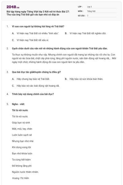 Bài tập hàng ngày Tiếng Việt lớp 3 Kết nối tri thức Bài 27: Thư của ông Trái Đất gửi các bạn nhỏ có đáp án