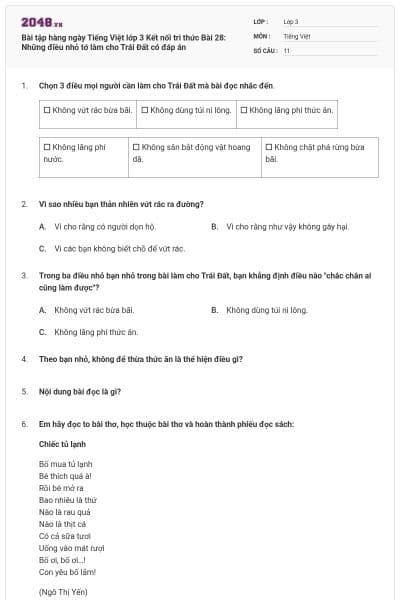 Bài tập hàng ngày Tiếng Việt lớp 3 Kết nối tri thức Bài 28: Những điều nhỏ tớ làm cho Trái Đất có đáp án