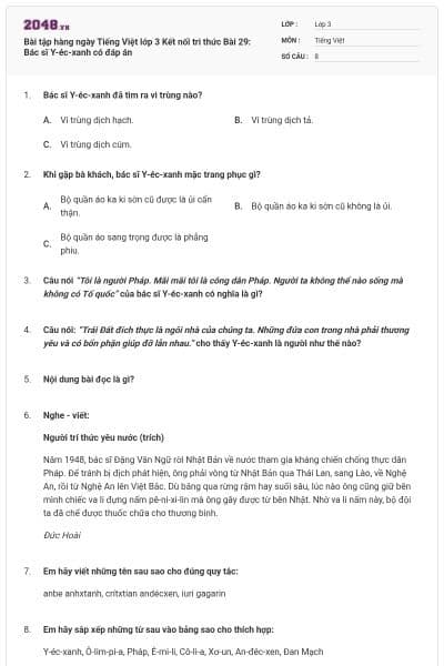 Bài tập hàng ngày Tiếng Việt lớp 3 Kết nối tri thức Bài 29: Bác sĩ Y-éc-xanh có đáp án