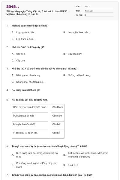 Bài tập hàng ngày Tiếng Việt lớp 3 Kết nối tri thức Bài 30: Một mái nhà chung có đáp án