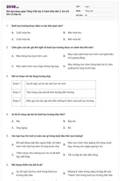 Bài tập hàng ngày Tiếng Việt lớp 3 Cánh Diều Bài 2: Em đã lớn có đáp án