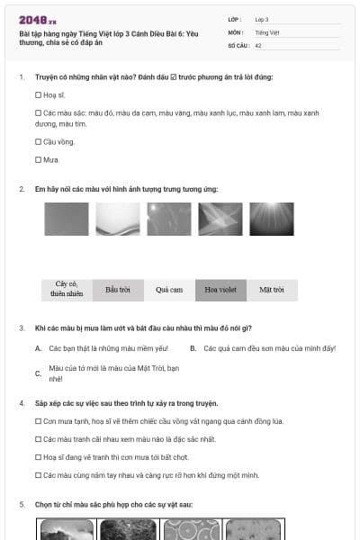 Bài tập hàng ngày Tiếng Việt lớp 3 Cánh Diều Bài 6: Yêu thương, chia sẻ có đáp án