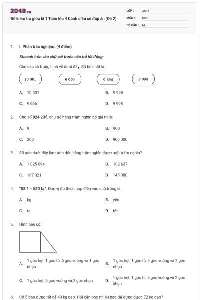 Đề kiểm tra giữa kì 1 Toán lớp 4 Cánh diều có đáp án (Đề 2)