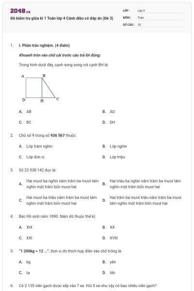Đề kiểm tra giữa kì 1 Toán lớp 4 Cánh diều có đáp án (Đề 3)