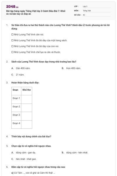 Bài tập hàng ngày Tiếng Việt lớp 3 Cánh Diều Bài 7: Khối óc và bàn tay có đáp án