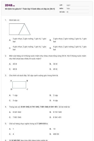 Đề kiểm tra giữa kì 1 Toán lớp 4 Cánh diều có đáp án (Đề 4)