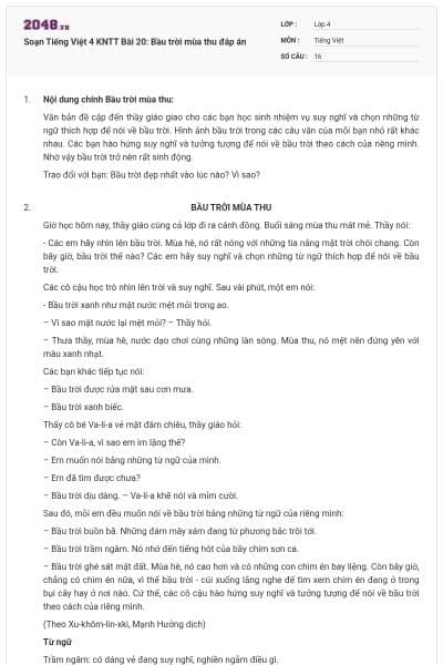 Soạn Tiếng Việt 4 KNTT Bài 20: Bầu trời mùa thu đáp án