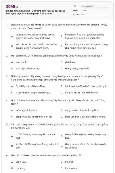 Bài tập tổng ôn Lịch sử - Quá trình xâm lược và cai trị của chủ nghĩa thực dân ở Đông Nam Á có đáp án