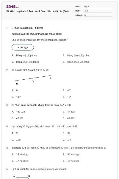 Đề kiểm tra giữa kì 1 Toán lớp 4 Cánh diều có đáp án (Đề 6)